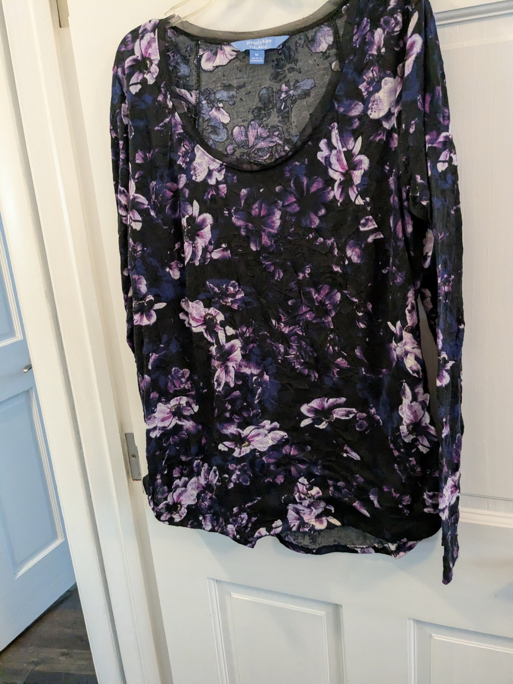 Simply Vera Vera Wang Black And Purple Long-Sleeve Floral Scoop Neck Top